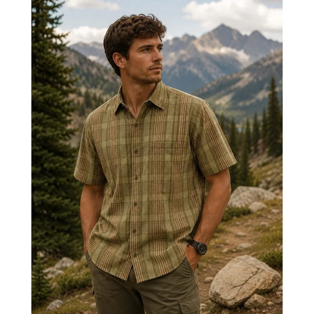 The North Face Ambush Short-Sleeve Shirt Large Olive Green Plaid Outdoor Casual